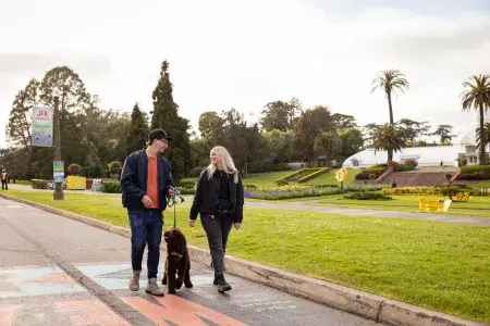 Woman and man walking a dog down JFK in Golden Gate Park