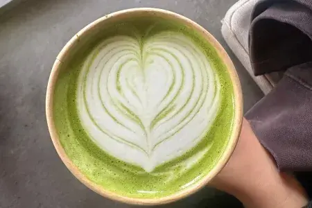 Hot Matcha drink at Bello Coffee and Tea in Glen Park