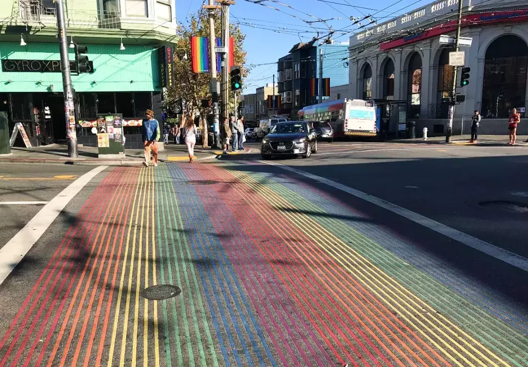 The Castro’s distinctive rainbow crosswalks.