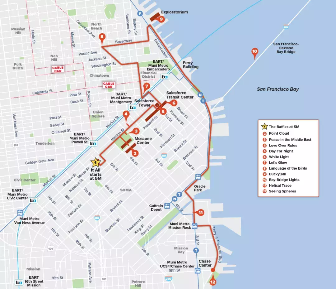 A map for visitors to follow to experience Illuminate SF Festival of Light 2022.