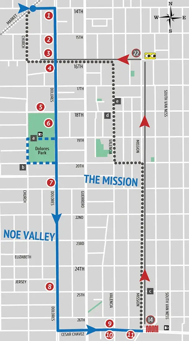 A map of a self-guided tour through San Francisco's Mission District.