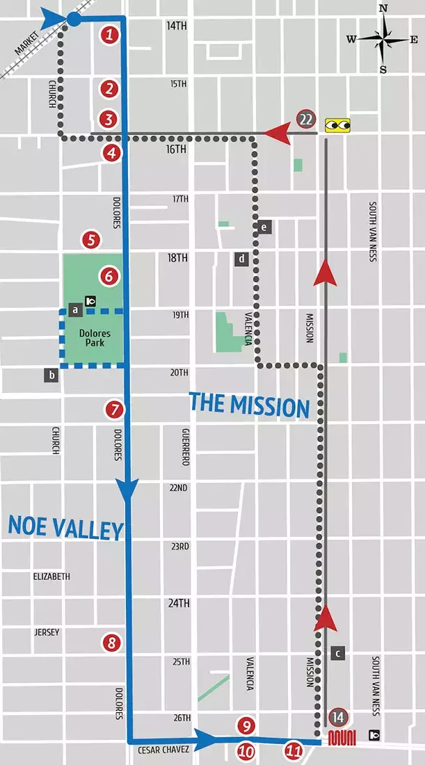 A map of a self-guided tour through San Francisco's Mission District.