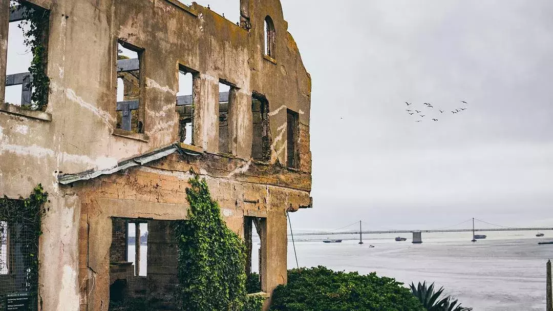 view from older, roofless building on Alcatraz island