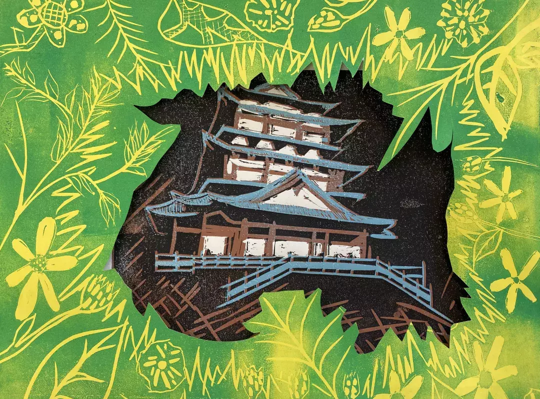 Green and yellow wood block print of pagoda in the forrest 