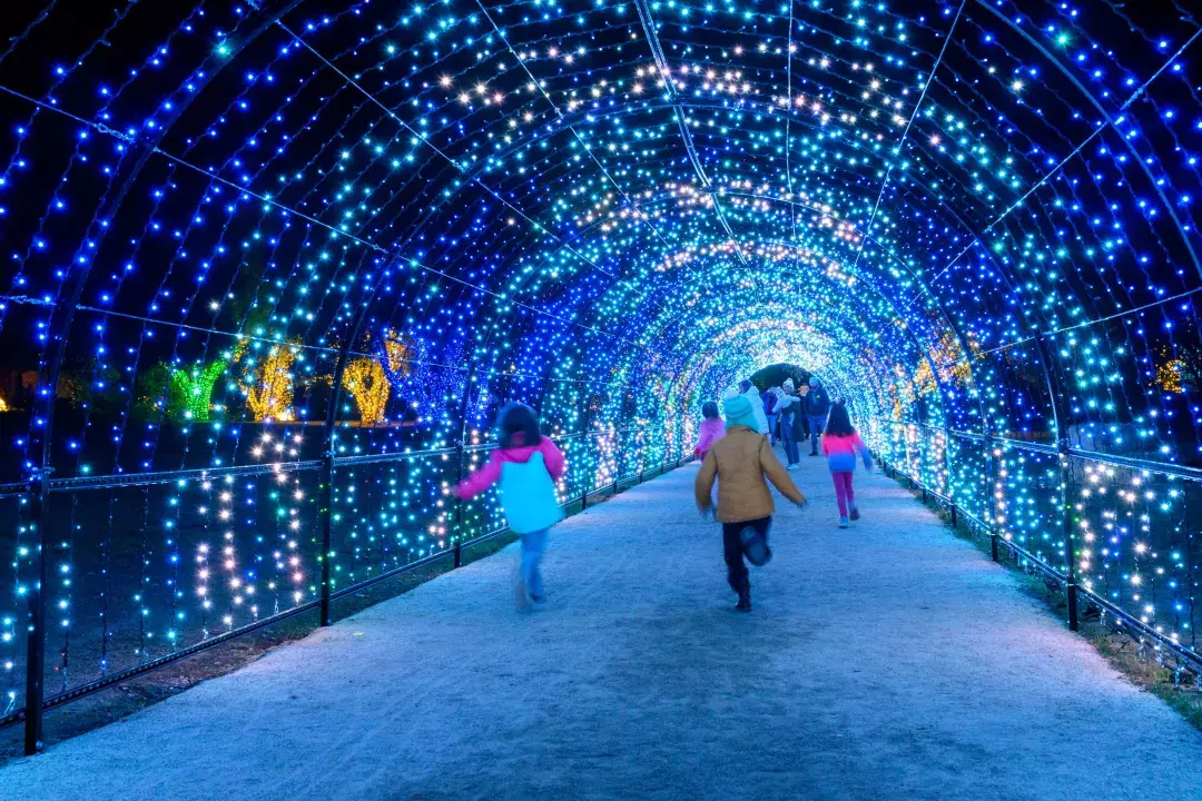 Crianças correm em um túnel de luzes de Natal que brilham em azul