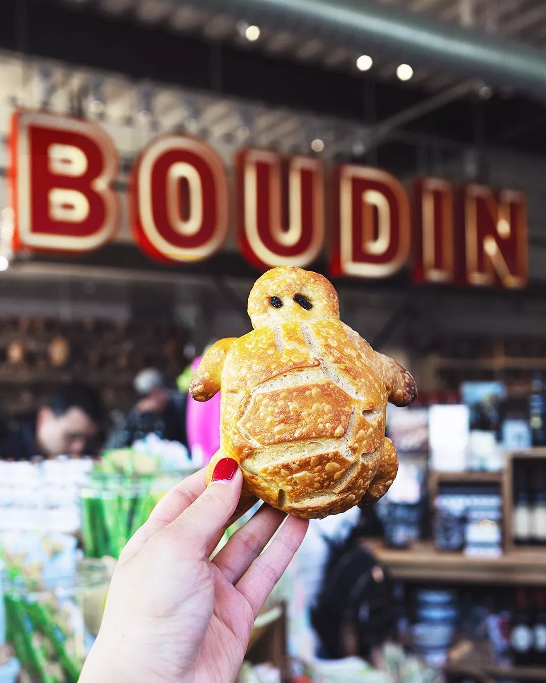 Image of hand holding bread shaped like a turtle, next to a sign that says BOUDIN in large red letters