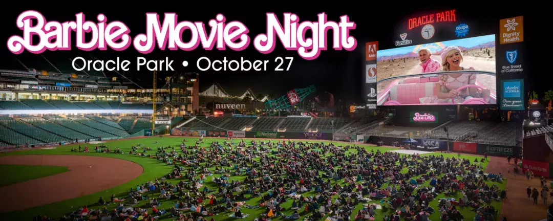 Moviegoers watch "Barbie" on the big screen at Oracle Park.