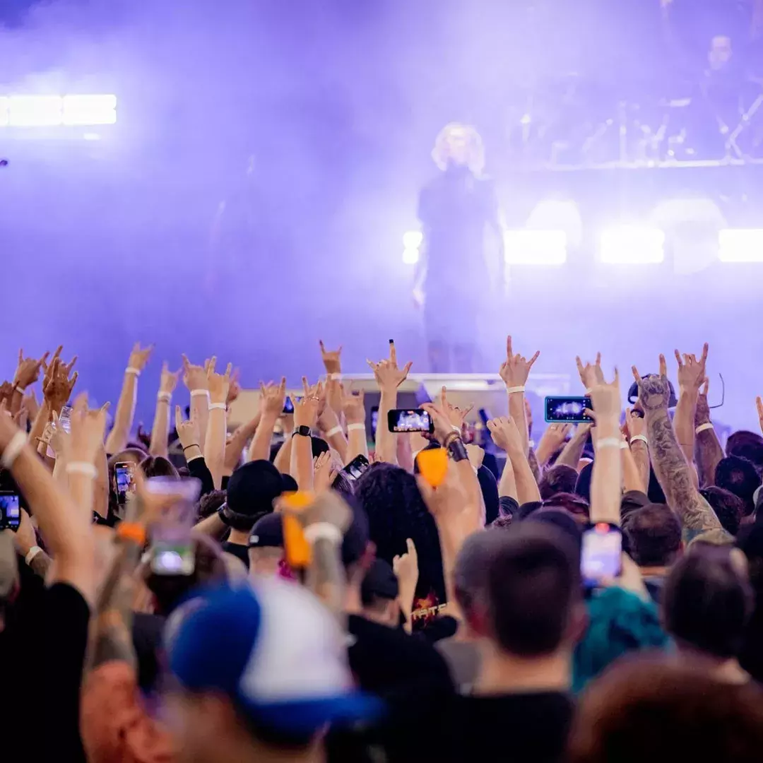 performer with excited crowd and raised arms