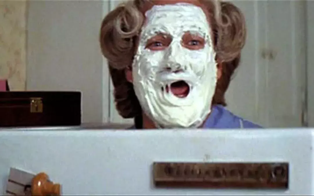 Scene from Mrs. Doubtfire movie where her face is covered in whipped cream. 