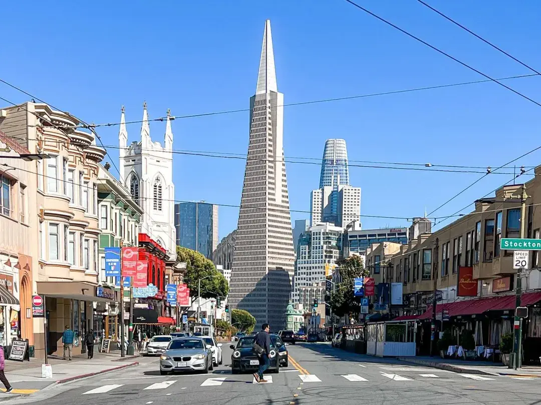 The Transamerica Pyramid stands over Chinatown, North Beach, and Jackson Square.