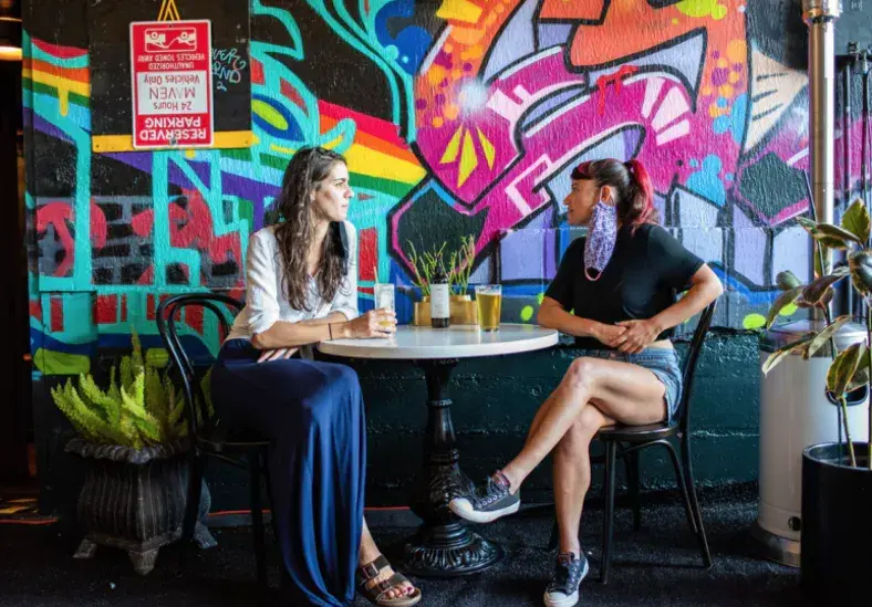 Two women sitting in a bar 