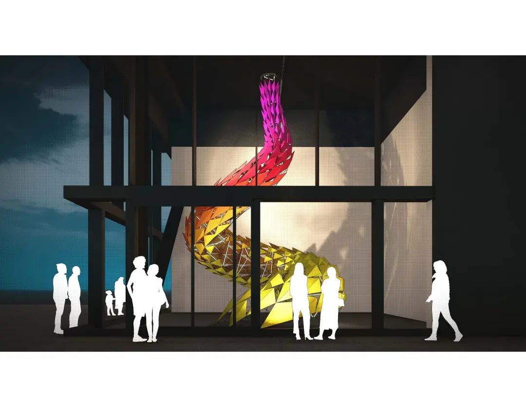 Art installation with scales in bright colors 