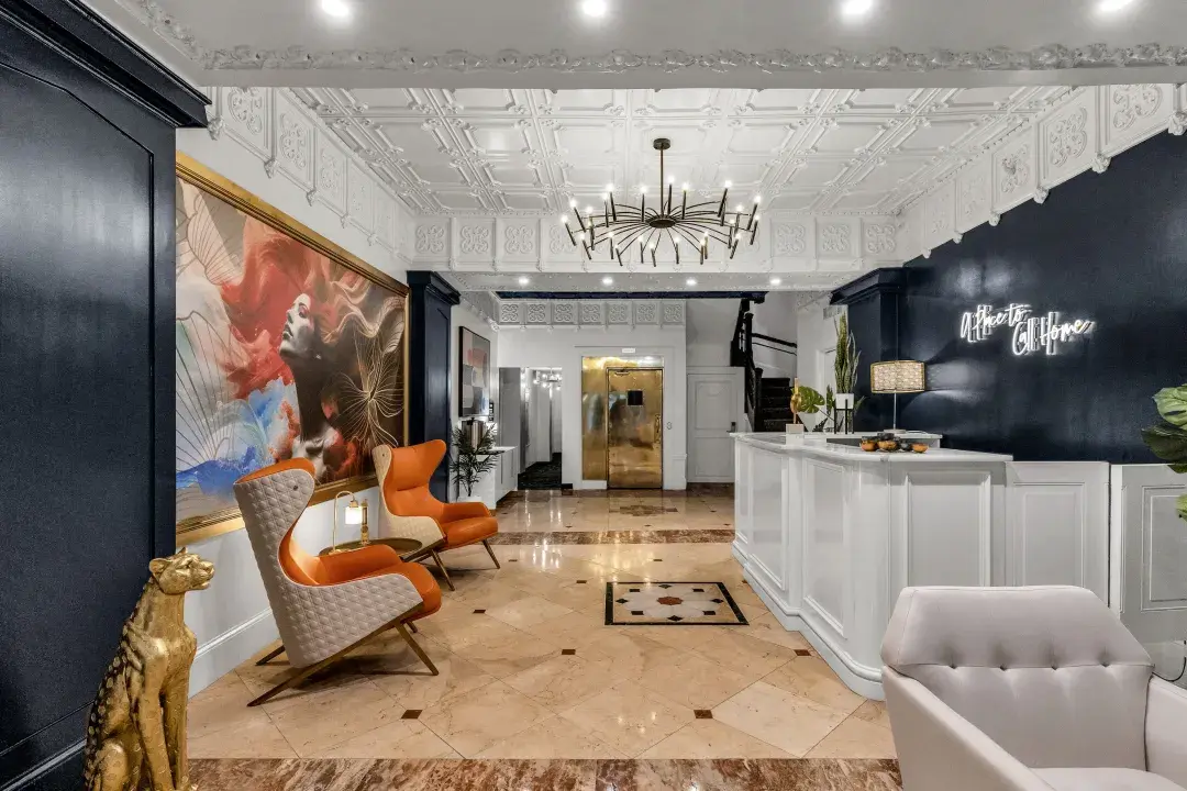 The Nob Hill Hotel lobby offers a stylish welcome.