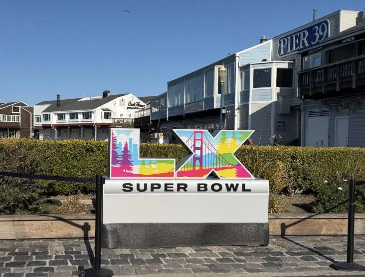 Super Bowl LX decorations at PIER 39