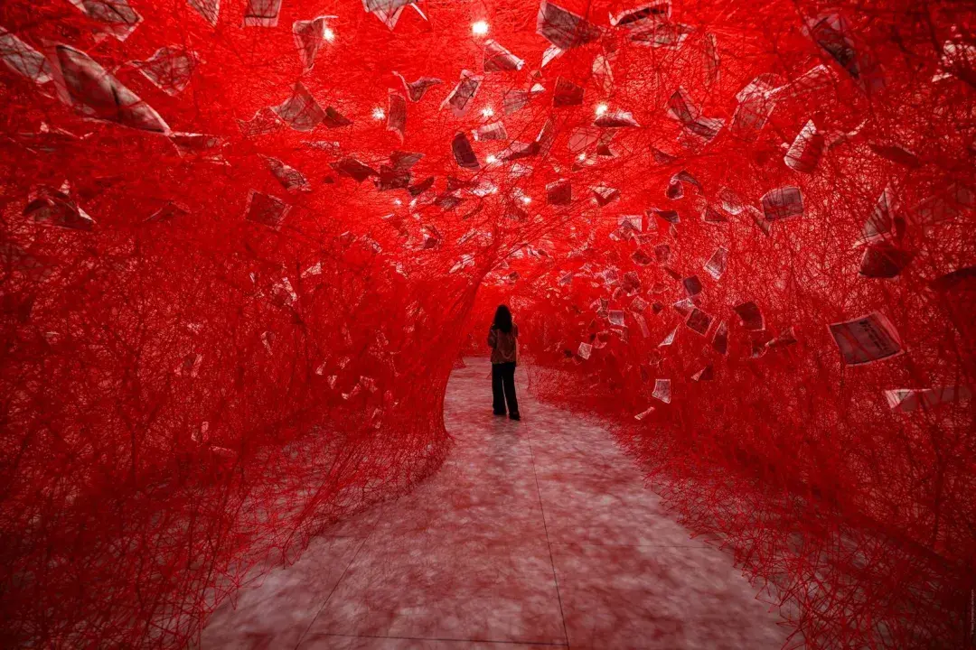 Installation view of Chiharu Shiota: Two Home Countries at Japan Society Gallery