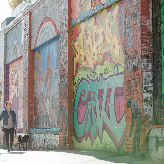 A couple walking down Balmy Alley in the Mission.