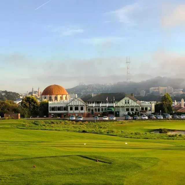 The greens of the Presidio Golf Course shine on a sunny San Francisco day.