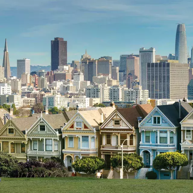 Os piqueniques sentam-se na grama do Alamo Square Park com as Painted Ladies e o horizonte de São Francisco ao fundo.