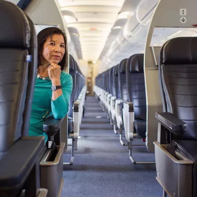 Melinda Yee Franklin sitting on a plane