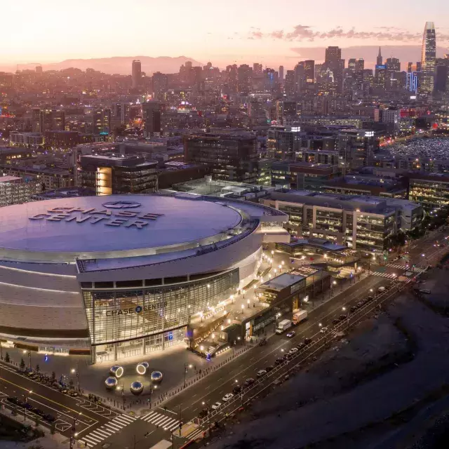 Aerial view of San Francisco's Chase Center at night.