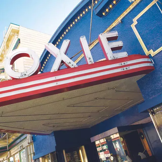 Close-up view of the marquee of the Roxie Theater in the Mission District, San Francisco, CA.