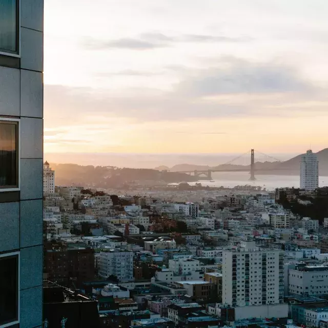 The San Francisco city skyline is seen from the Four Seasons Hotel San Francisco At Embarcadero.