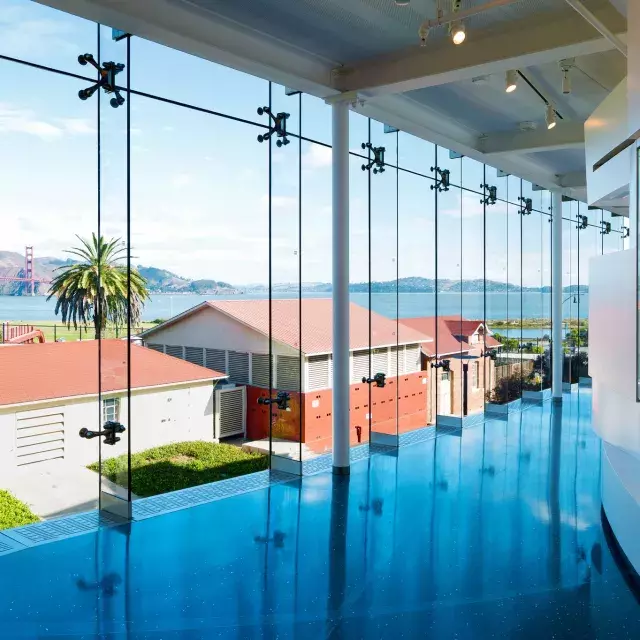 Glass walls revealing view of the Presidio at the Walt Disney Family Museum 