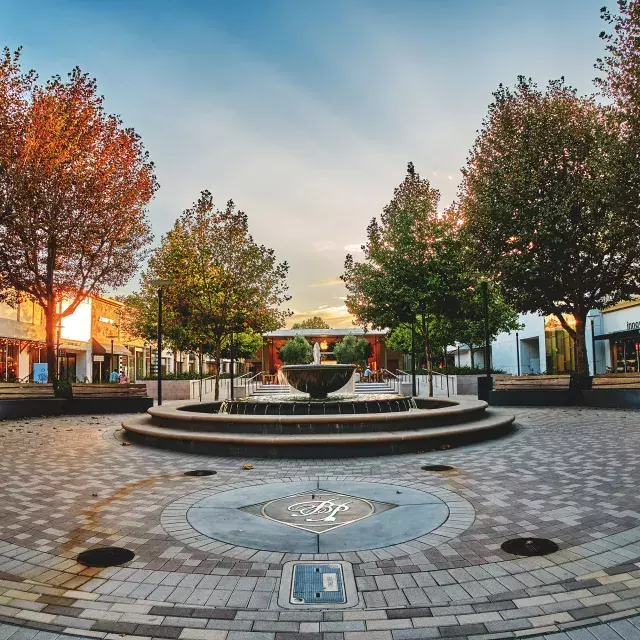 Outdoor mall with trees and fountain