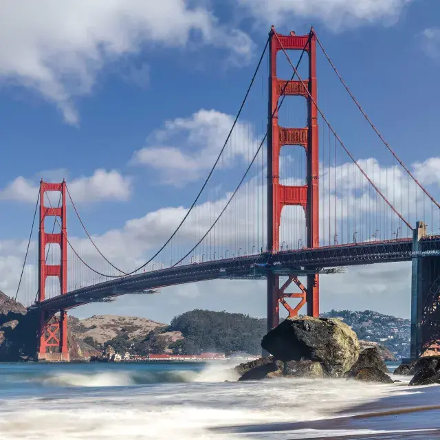 A photo of the Golden Gate Bridge on a bright, sunny day. 