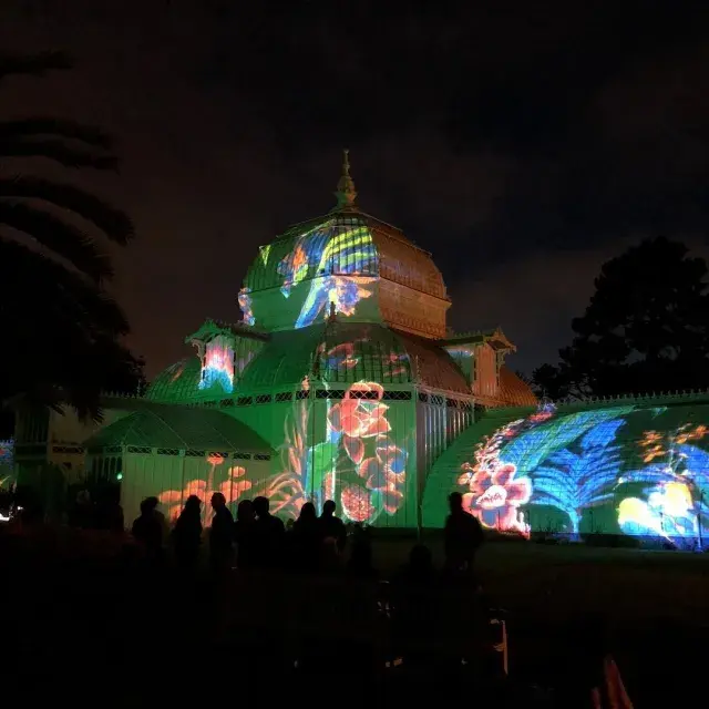 夜にライトアップされた花の温室