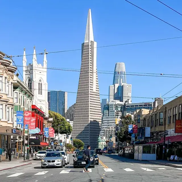 The Transamerica Pyramid stands over Chinatown, North Beach, and Jackson Square.