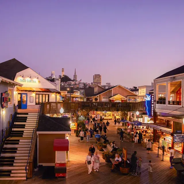 The shops at PIER 39 on a clear San Francisco evening.
