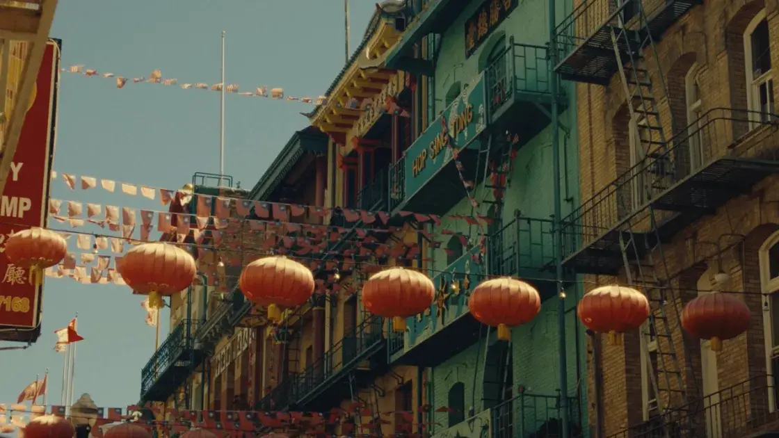 Hanging lanterns in Chinatown during the day.